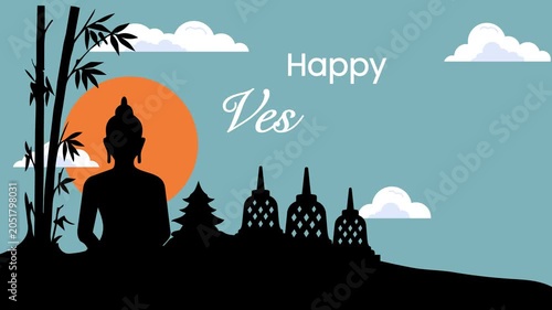 Vesak Day Greeting Banner with Buddha Silhouette and Borobudur Temple Looping Animation