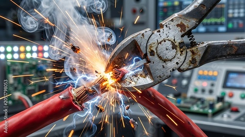 Industrial accident concept showing metal wire cutters snapping a thick high voltage copper cable producing bright sparks electrical arcs and smoke
