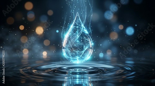 Illuminated cybernetic liquid droplet suspended above calm water rippling surface filled with glowing stars and flowing digital light particles