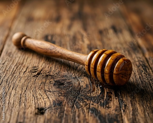 Wooden Honey Dipper Covered in Fresh Sweet Honey on Rustic Wood Table
