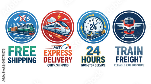 Set of round icons representing logistics and shipping services including global delivery express freight and non-stop services for online delivery businesses