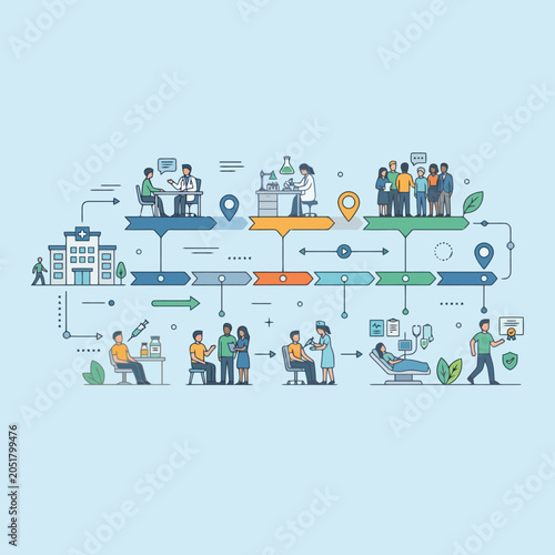 Healthcare process flow with medical services and patient care