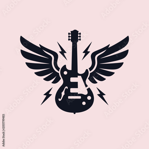 A black electric guitar illustration with wings on pink background