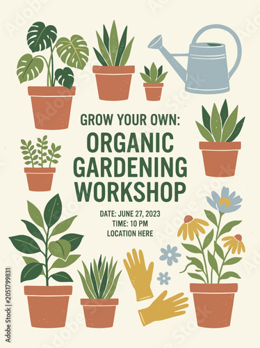 Εκτύπωση καμβά People attend an organic gardening workshop with plants and tools