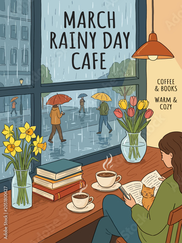 Foto Woman reads book at cozy cafe on rainy day by window