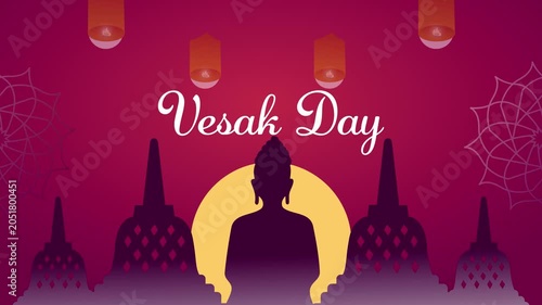 Happy Vesak Day Greeting with Borobudur Temple Silhouette and Floating Lanterns Looping Animation