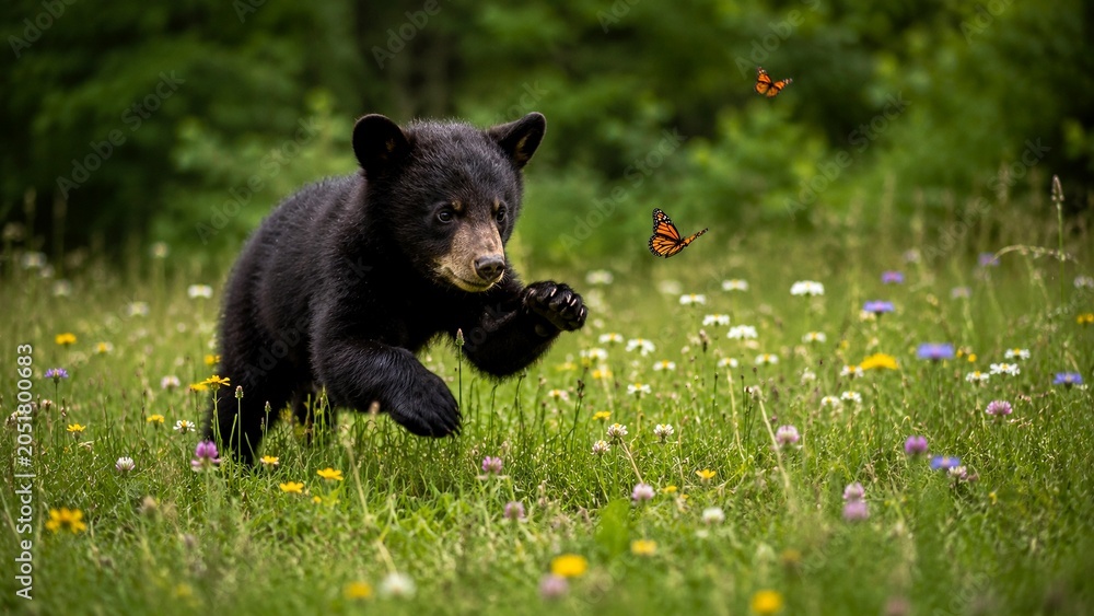 Naklejka premium A black bear cub chasing butterflies in a forest clearing
