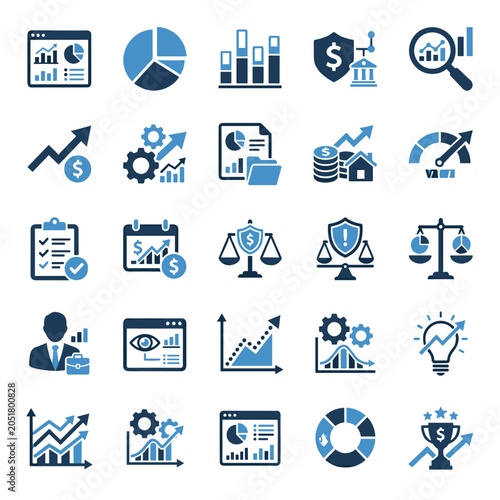 Financial Analysis Icons: Growth, Data, Strategy, Security, Law, and Success
