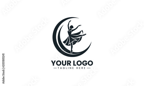 A graceful ballerina inside crescent moon is represented in minimalist black vector logo style