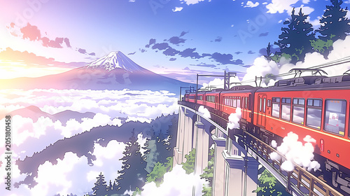 Fantasy mountain railway crossing a stone bridge above the clouds at sunset,夕焼けの雲海を越える幻想的な山岳鉄道と石造りの橋