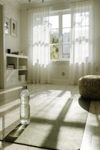 Yoga mat with water bottle and in morning sunlight. Home wellness space with a white interior