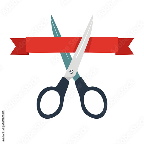 Scissors cutting a red ribbon for a grand opening ceremony