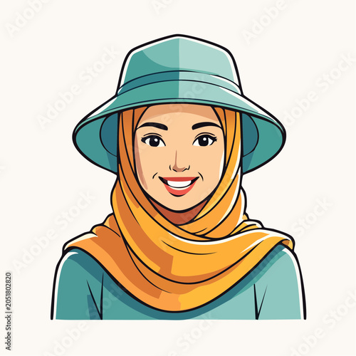 Smiling woman wearing hijab and sun hat