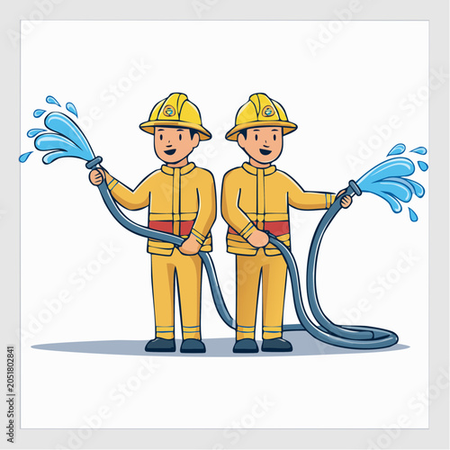 Two cartoon firefighters spraying water from a hose
