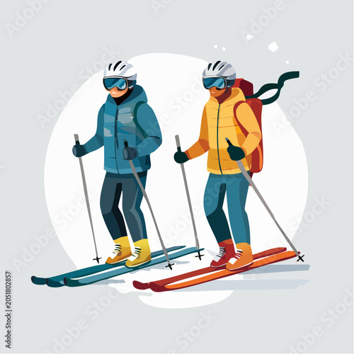 Two skiers in winter clothing with helmets and goggles