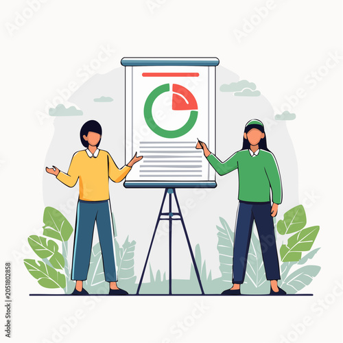 Two people presenting a pie chart on a whiteboard