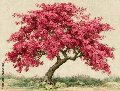 Beautiful vibrant pink blossoms on an ancient tree in full bloom art