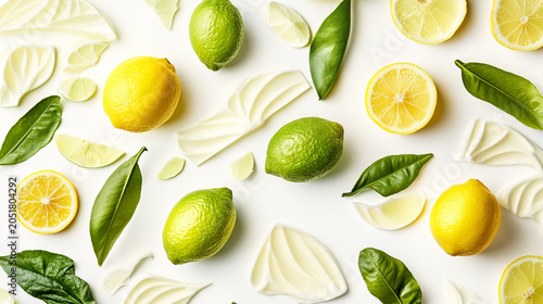 Fresh lemons limes and green leaves scattered on a white background with background vegetarian ingredient refreshing tropical colorful botanical