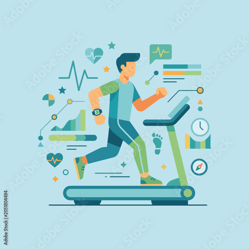 Person running on a treadmill with health data visualizations