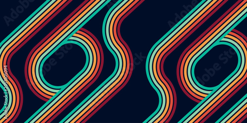 Dark purple background with trendy wavy rainbow lines design. Creative vector template with unique Retro Hippie style.