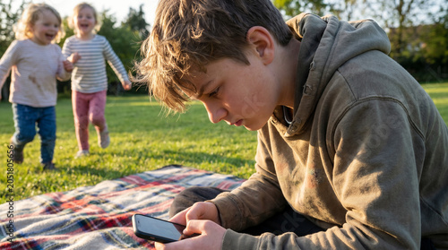 Focused boy on phone ignoring kids playing outdoors
