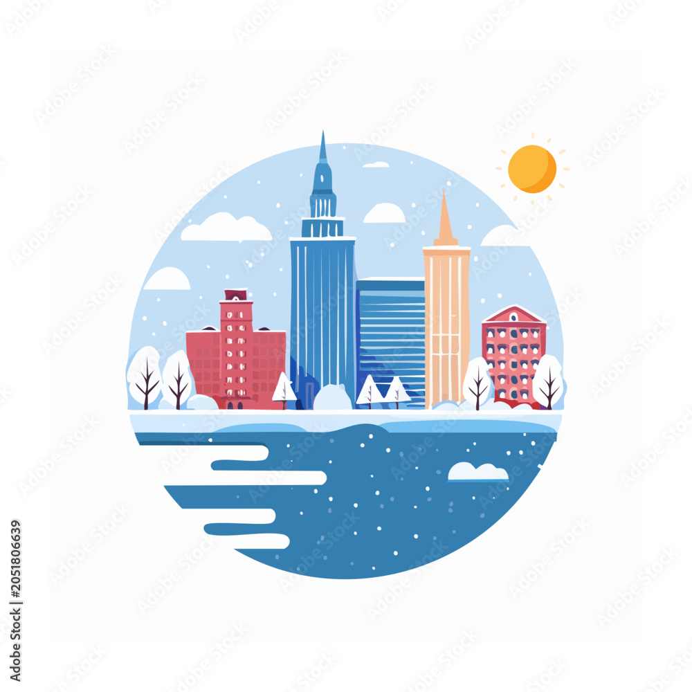 Fototapeta premium Flat design winter cityscape with snow and sun