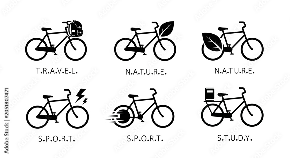 Fototapeta premium Bicycle Icons: Travel, Nature, Sport, Study - Vector Graphics