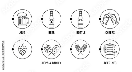 Cuadro en lienzo Beer Icons Set: Mug, Bottle, Cheers, Hops, Barley, Keg