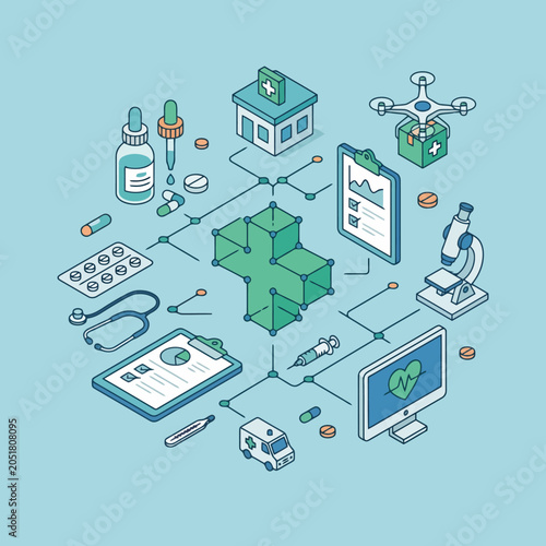 An isometric illustration of various medical tools and equipment