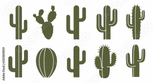 Bild auf Leinwand Collection of various desert cactus plants in silhouette style.