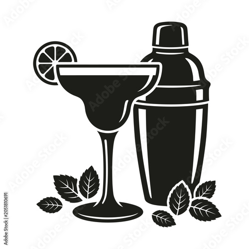 Cocktail shaker and margarita glass silhouette vector icon with lime slice and mint leaves