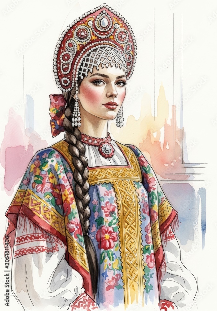 Fototapeta premium Woman in traditional Russian folk costume with kokoshnik headdress. Portrait of girl wearing ethnic dress with floral pattern. Slavic cultural heritage, history and national fashion.