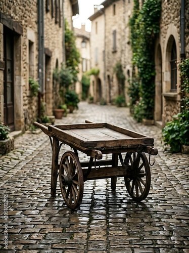 Antique Wooden Handcart on Wet Cobblestone Street in Medieval Village