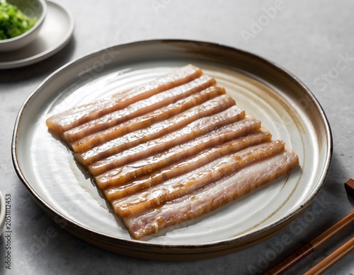 Ultra-clean studio shot of expertly prepared samgyeopsal, arranged in a minimalist Korean aesthetic on a textured ceramic plate, ready for grilling and enjoyment