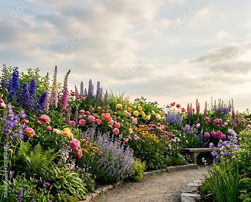 Beautiful English Cottage Garden with Colorful Flowers and a Winding Path