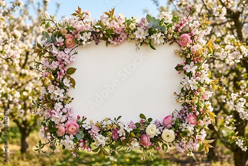 Blank White Card with Spring Flower Frame in Blossoming Orchard