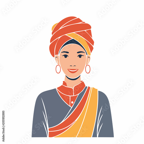 Woman in Traditional Attire with Turban and Earrings