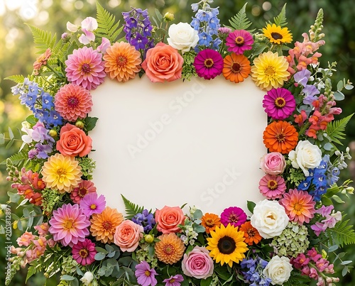 Colorful Floral Frame with Blank White Square Card and Copy Space