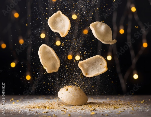 Dumplings suspended in air with one on ground amidst falling crumbs and illuminated background lights