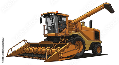 Orange Combine Harvester Machine on White Background, Agricultural Vehicle Illustration