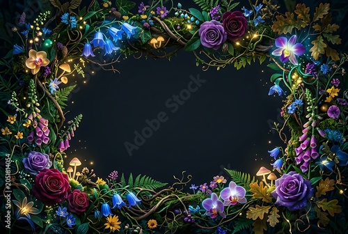 Enchanted Garden Floral Frame with Glowing Mushrooms and Roses