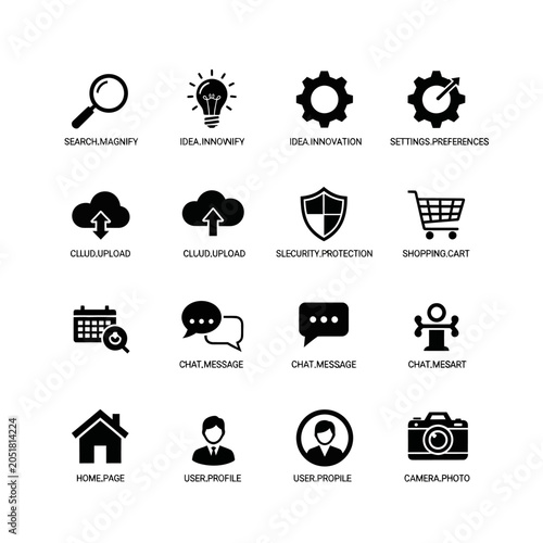 Tableau sur toile Set of 16 Black Web and App Icons: Search, Idea, Upload, Chat, Camera, Home, Sec