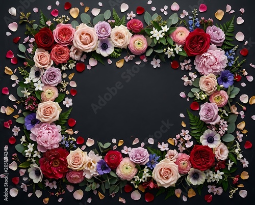 Floral frame with roses and petals on dark background with copy space