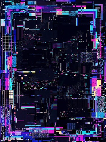 Futuristic Glitch Art Background with Vibrant Neon Colors and Digital Distortion