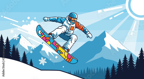 Canvas-taulu Snowboarder jumping mid-air with mountains and sun background