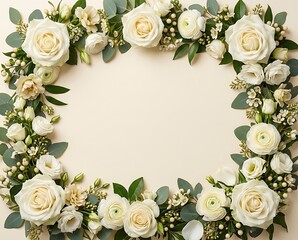 Elegant floral frame with white roses and ranunculus on beige background