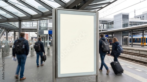Blank Vertical Advertising Poster Mockup Standing on a Busy Railway Station Platform for Public Transit Branding