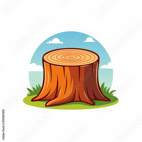 Cartoon Tree Stump with Rings and Grass