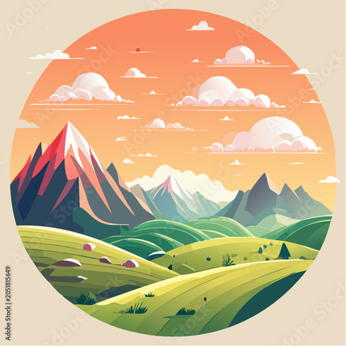 Stylized Mountain Landscape with Rolling Hills and Clouds