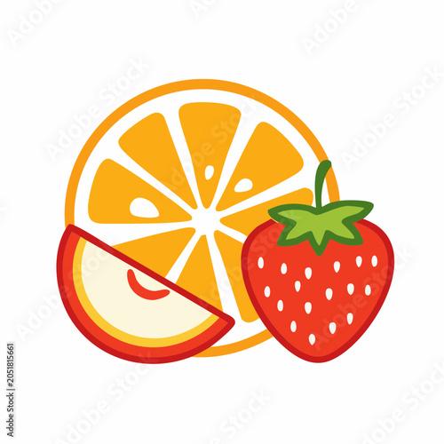 Stylized Fruits: Orange Slice, Strawberry, and Apple Wedge
